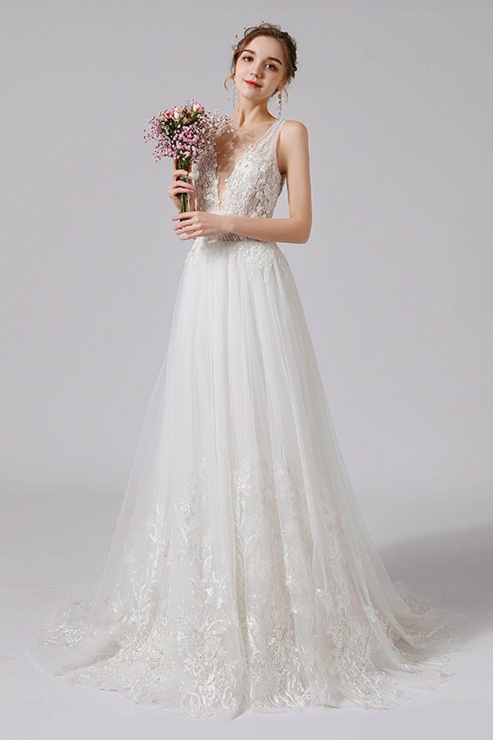 A-Line Sweep-Brush Train Lace Tulle Wedding Dress CW2709CR - COCOMELODY